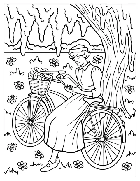 Vintage Coloring Page of Woman Reading Beside Bicycle Under Willow Tree