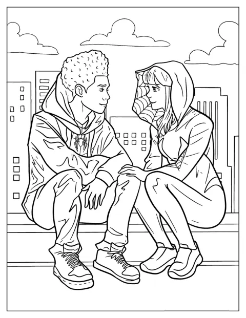 Miles Morales e Spider-Gwen sono seduti insieme su un tetto.