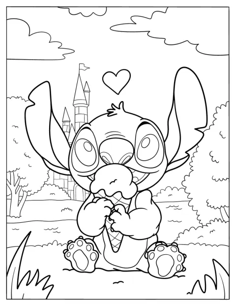 Stitch nyter iskrem utenfor et slott.
