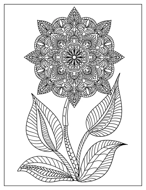 Un fiore con stelo e foglie forma un mandala decorato.