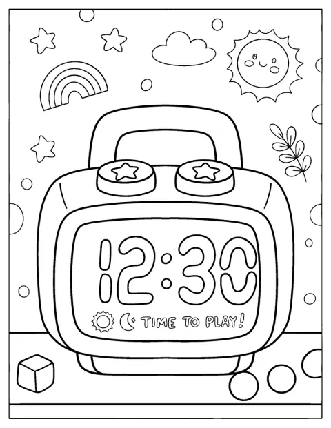 Digital Alarm Clock Showing Playtime Coloring Page for Kids