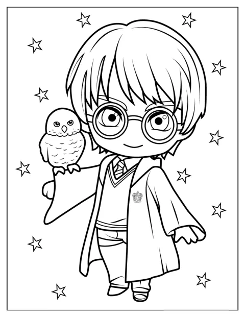 Mały Harry Potter w stylu chibi stoi obok swojej sowy Hedwig.