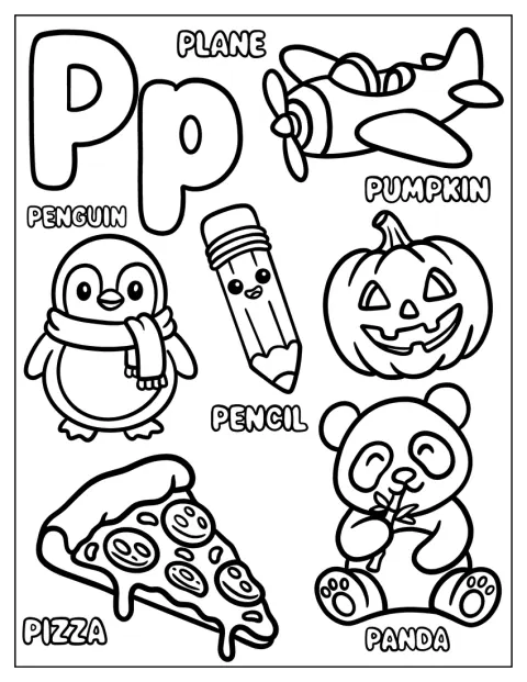 Bokstaven P visas tillsammans med ett flygplan, en pumpa, en pingvin, en penna, pizza och en panda.