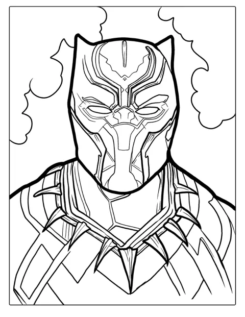 Black Panther usa a sua máscara, que lhe cobre o rosto e apresenta orelhas pontiagudas.
