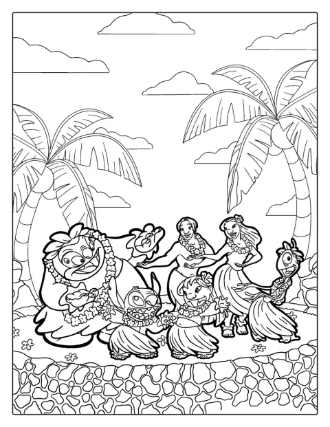 Lilo, Stitch en hun vrienden dansen samen de hula.