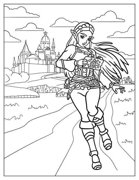 La princesse Zelda avance vêtue de sa tenue de voyageuse.