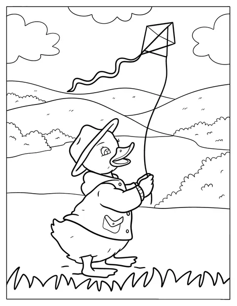 Un pato hace volar una cometa en el campo.