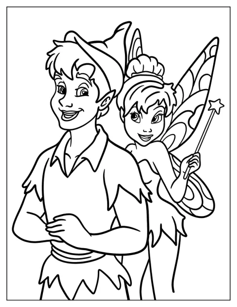 Peter Pan sourit à la Fée Clochette, qui vole près de lui.