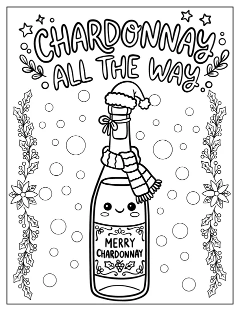 Cute Chardonnay Bottle with Santa Hat and Scarf Christmas for Adults Coloring Page