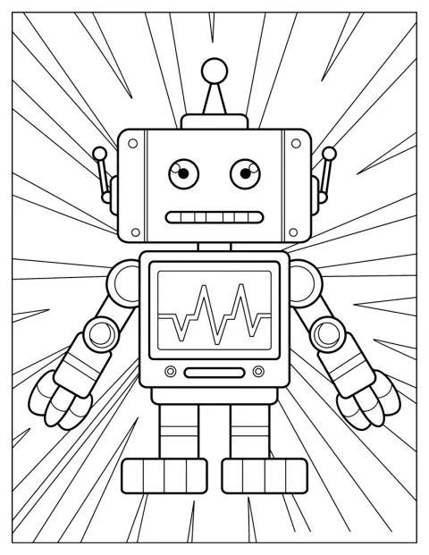 En söt robot med antenn står med ett glatt uttryck.