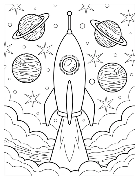 Rocket Coloring Page Blasting into Space with Four Planets