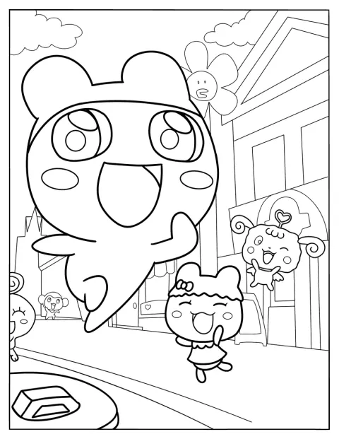 まめっちがなわとびをし、ちゃまめっちとハピハピっちがそばで見ています。