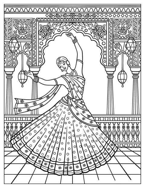 Indyjska tancerka prezentuje pełną gracji pozę w tańcu Bharatanatyam.