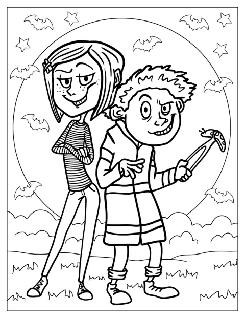 Coraline en Wybie kijken met enge glimlachjes voor zich uit.