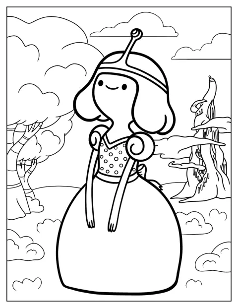 A Princesa Bubblegum usa um elegante vestido comprido.
