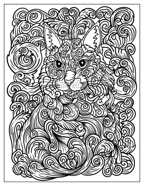 En lodden katt er tegnet med mange abstrakte detaljer.