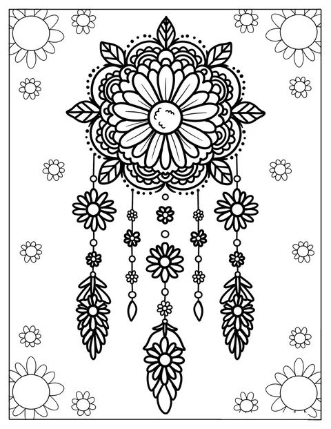 Un acchiappasogni a forma di mandala con margherite e piume pendenti.