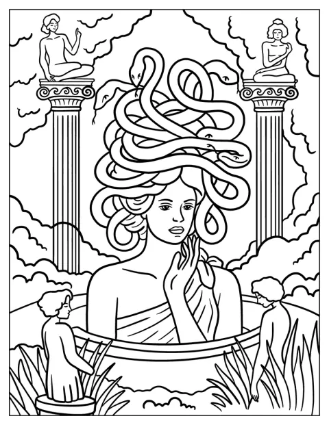 La Gorgone Medusa appare tra statue e nuvole, con un’espressione tragica.