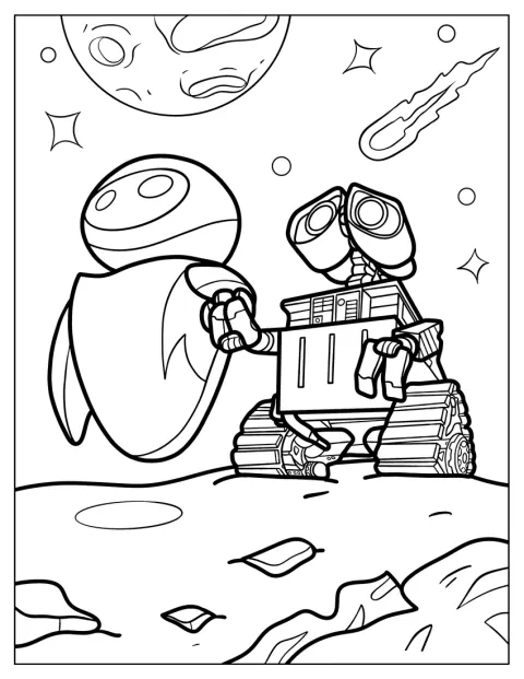 WALL-E e EVE olham para o espaço.