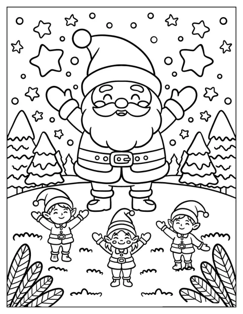 サンタクロースとクリスマスの妖精たちが、星空の下でお祝いしています。