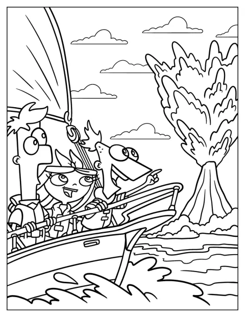 Fra en båd ser Phineas, Ferb og Isabella en vulkan gå i udbrud.