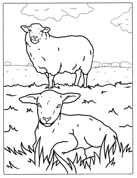 Een moederschaap en haar lammetje staan samen op het gras.