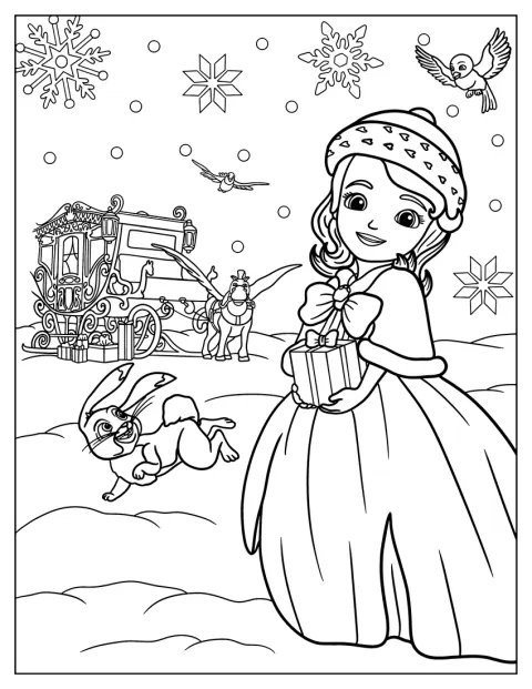 Sofia den första håller en julklapp ute i snön.