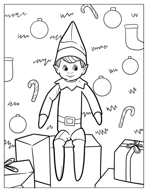 Vor einem Weihnachtsbaum sitzt der Elf on the Shelf auf Geschenken.