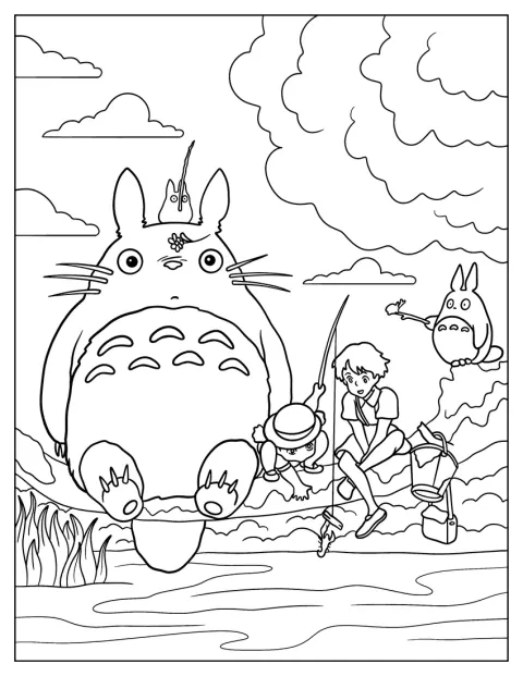 Totoro kalastaa joen yllä Mein ja Satsukin kanssa.