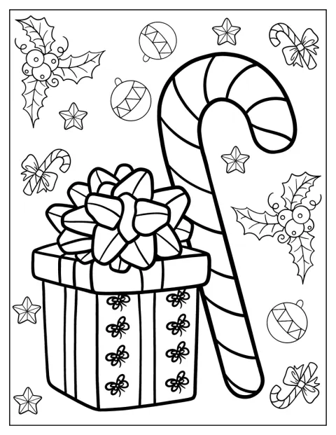 大きなキャンディケインが、クリスマスプレゼントの隣に置かれています。