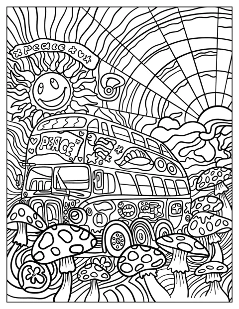 Un autobús hippie de dos pisos circula por una carretera psicodélica.