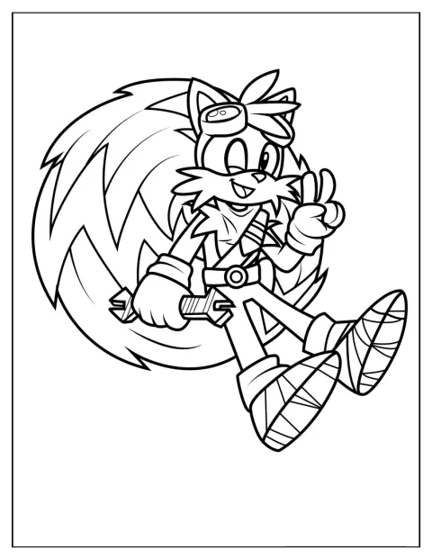 Tails se usmívá a zvedá ruku ve znaku míru.