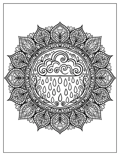 Gocce di pioggia si intrecciano a petali paisley e linee dettagliate in un mandala.