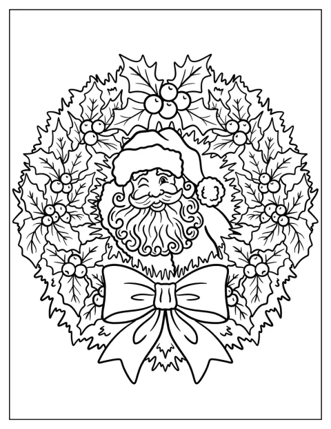Silmää iskevä joulupukki kurkistaa jouluseppeleen sisältä.