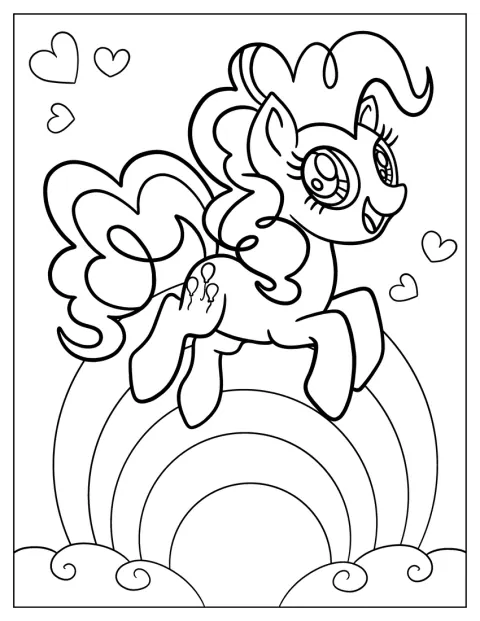 A pónei Pinkie Pie salta alegremente por cima de um arco-íris.