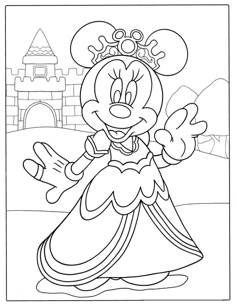 Minnie Mouse poartă o rochie elegantă și o coroană.