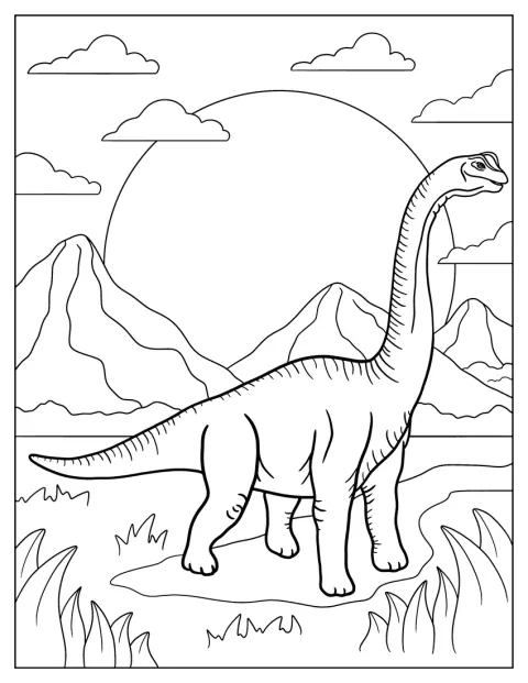 Un Brachiosaurus adulto se recorta contra el cielo del atardecer.