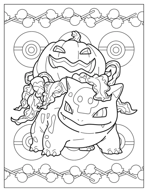 Bulbasaur kantaa selässään halloweeniksi kaiverrettua kurpitsalyhtyä.