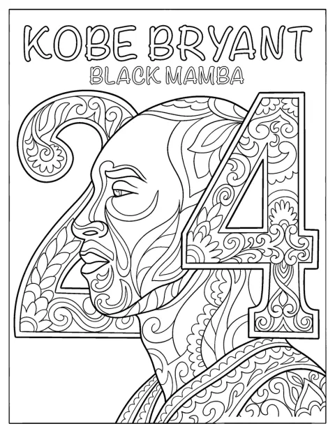 Et detaljert mandalamønster viser en basketballspiller med tilnavnet Black Mamba og nummer 24.