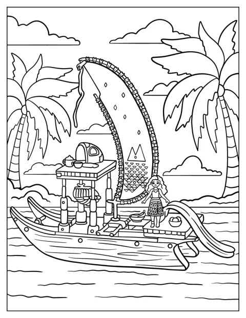 Eine Vaiana-Spielzeugfigur steht an Deck eines Schiffsmodells.
