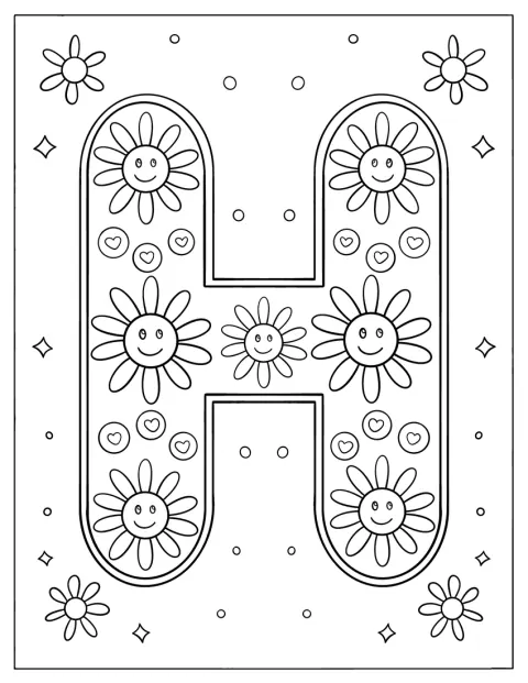 A nagy H betűt mosolygó virágok borítják.