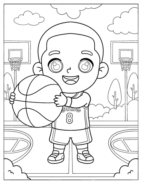Kobe Bryant i chibi-stil bär nummer 8 och håller en basketboll.