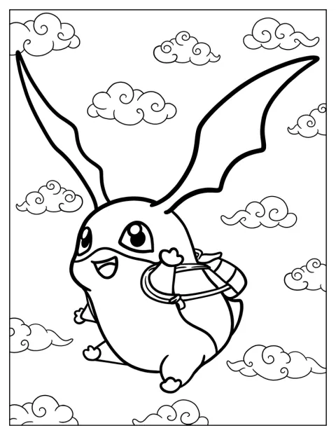 Digimon Coloring Page Of Patamon Flying In The Sky With Backpack