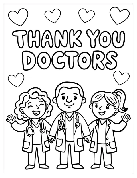 Mesajul „Thank You Doctors” este decorat cu inimioare.