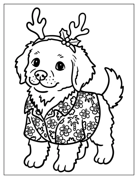 Un cucciolo con corna da renna e camicia hawaiana festeggia il Natale estivo.