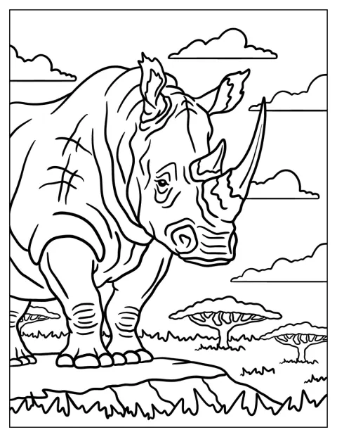 Old Rhino Coloring Page Overlooking a Forest
