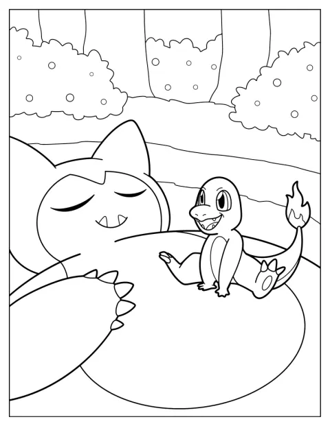 Charmander siede in cima a Snorlax.
