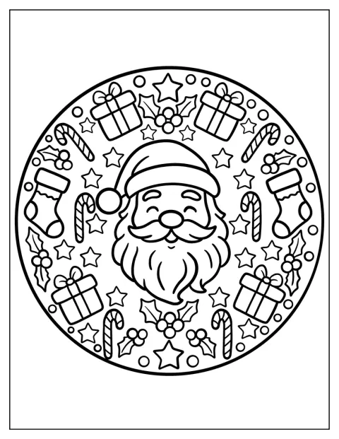 Papá Noel está rodeado de regalos, bastones de caramelo y calcetines navideños.