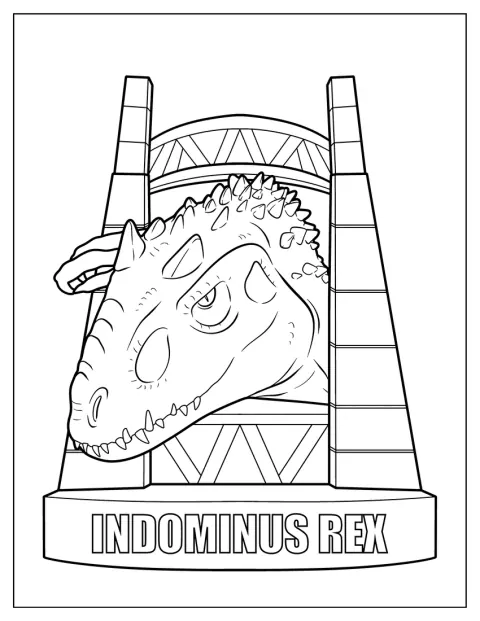 A cabeça do Indominus rex espreita por cima do portão de Jurassic Park.