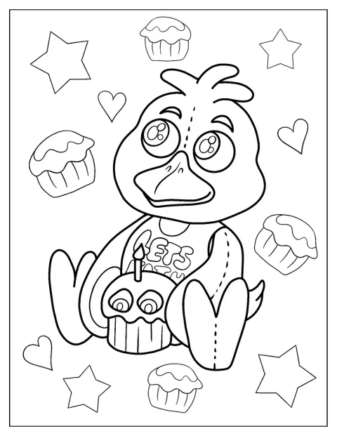 Chica, desenată în stil kawaii, ține un cupcake.